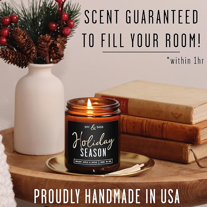 Holiday Candles, Christmas Candles Scented – ‘Holiday Season’ Soy Candle, w/Apple, Cinnamon & Clove - Infused with Essential Oils I Holiday Candle I 9oz, 50Hr, Made in USA