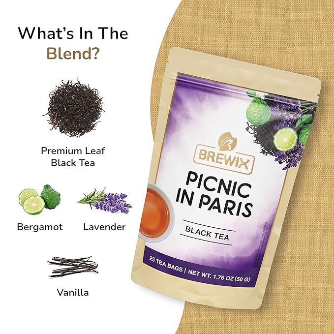 BREWIX, Earl Grey with Lavender Tea, Picnic in Paris Black Tea (25 Pyramid Tea Bags) | Black Tea with Bergamot, Lavender and Vanilla Notes | Gourmet Tea