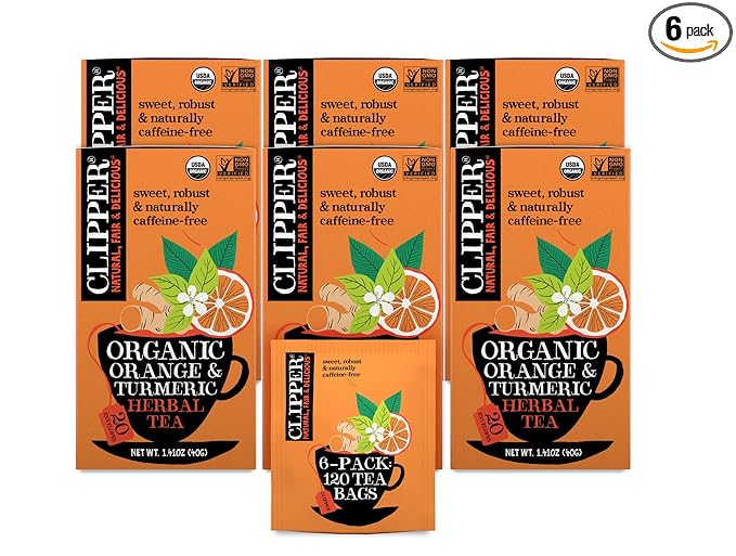 Clipper Tea, Orange & Turmeric, Organic Tea with Licorice Root, Orange Peel and Hibiscus, Plant Based Herbal Tea, Caffeine Free British Tea, 6 Pack, 120 Unbleached Tea Bags