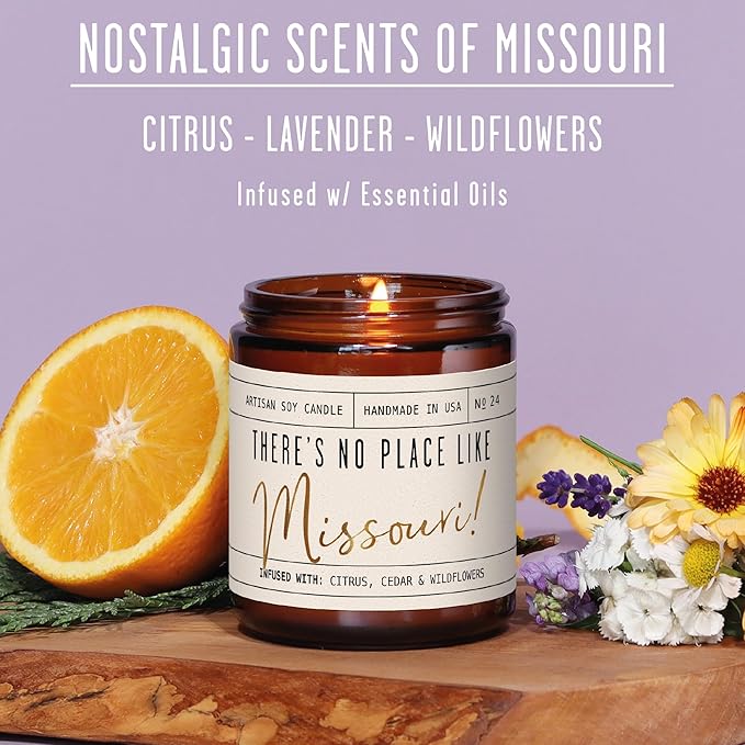 Missouri Gifts, Missouri Decor for Home - 'There's No Place Like Missouri Candle, w/Citrus, Lavender & Wildflowers I Missouri Souvenirs I Missouri State Gifts I 9oz Jar, 50Hr Burn, USA Made