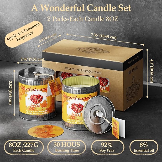 Apple&Cinnamon Scented Soy Candle Set | 2Pack 16oz with 8% Essential Oil | 60 Hours Long-Lasting Strong Aromatherapy Candles in Vintage Tins | Rustic Home Gift Set for Men&Women/Father's Day
