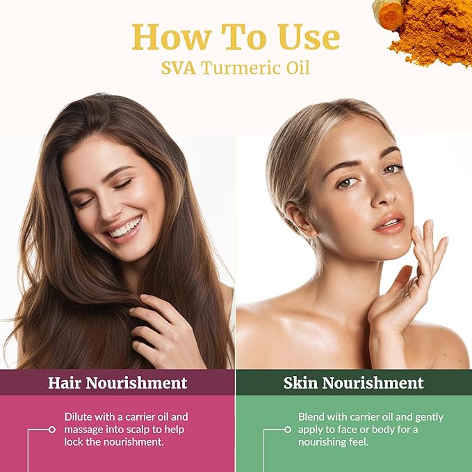 SVA Turmeric Essential Oil – 4 Fl Oz – 100% Natural Turmeric Oil - for Diffuser, Hair Care, Face, Skin Care, Aromatherapy, Scalp and Body Massage, Soap and Candle Making – with Dropper