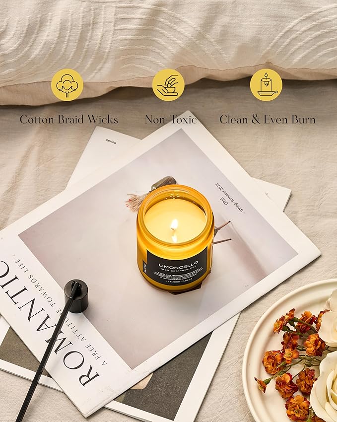 M&SENSE Limocello Summer Scented Candle, 7.05oz 50 Hours Long Lasting Burn Non Toxic Natural Soy Wax Lemon Highly Scented for Home Decor, 2 Wick Relaxing Candle Gifts for Yoga Spa Meditation