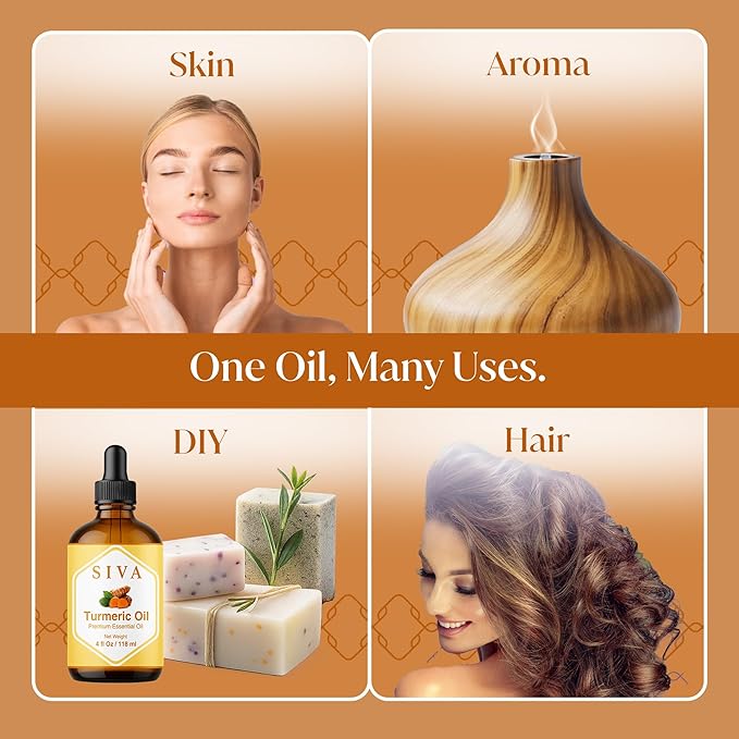 Siva Turmeric Essential Oil - 4 Fl Oz – 100% Natural Turmeric Oil - for Diffuser, Face, Skin Care, Aromatherapy, Hair Care, Scalp and Body Massage - with Dropper