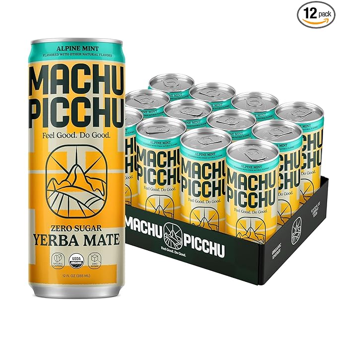 MACHU PICCHU ENERGY, Non-Carbonated Zero Sugar Yerba Mate, Clean Energy Drink Alternative, 12oz (Pack of 12) – 120mg Organic Green Coffee Bean Caffeine, Low Calorie, USDA Organic, No Artificial Flavors (Alpine Mint)