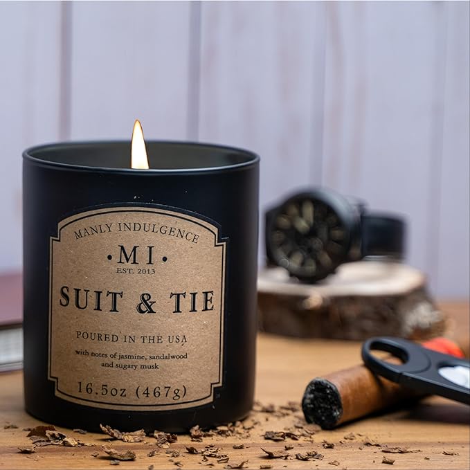 Manly Indulgence Suit & Tie Scented Candles for Men, 16.5 oz Single Wick, Premium Soy Blend Wax, 60H Burn, Candles for Home Scented – Made in The USA