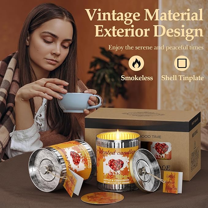 Apple&Cinnamon Scented Soy Candle Set | 2Pack 16oz with 8% Essential Oil | 60 Hours Long-Lasting Strong Aromatherapy Candles in Vintage Tins | Rustic Home Gift Set for Men&Women/Father's Day