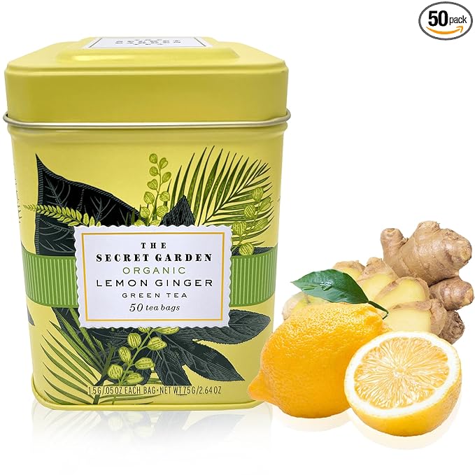 Organic Lemon Ginger Ceylon Green Tea - 50 Packets - Natural Antioxidant Rich Herbal Leaf Teabags - USDA Certified 100% Non-GMO - Caffeinated Premium Designer Tin