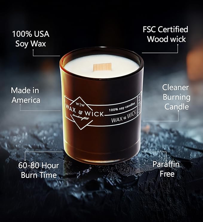 Wax & Wick 12oz Scented Candle for Men, 100% Soy Wax, Double Wood Wick, Black Jar, Cedar Vanilla Scent, Long Lasting, Masculine Scents, Perfect for Home, Mancave, Bachelor Pad, Men's Gift - USA Made