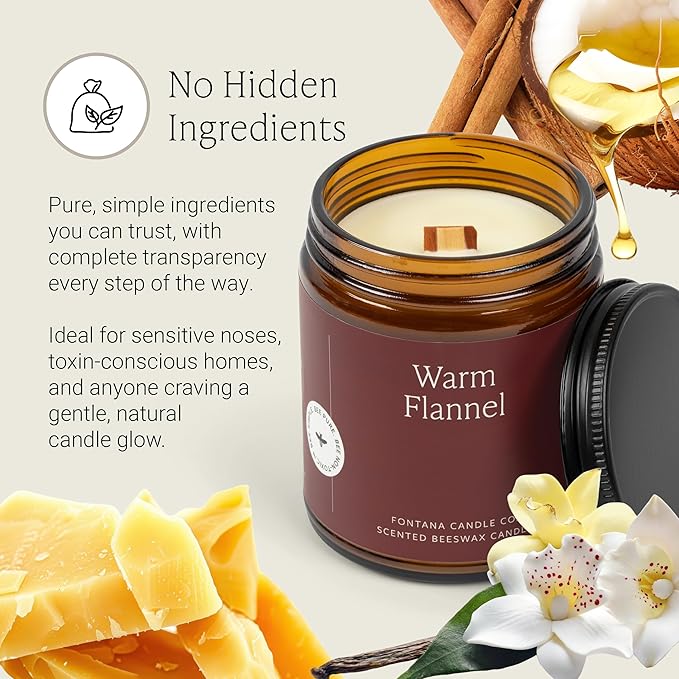 Fontana Candle Co Wood Wick Beeswax Jar Candle, Warm Flannel – Made Safe with Coconut Oil & Pure Essential Oils – 35+ Hrs Clean Burn, Long Lasting and Non-Toxic Candles for Home & Room Decor