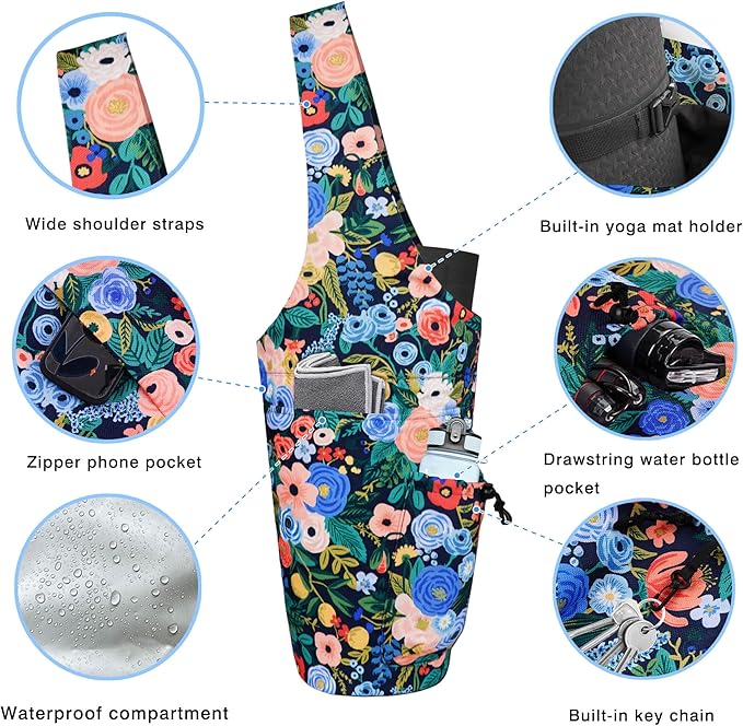 Yoga Mat Bag - Large Opening Long Tote Yoga Mat Carrier Holder Bag with Waterproof Wet Zipper Pocket and Drawstring Water Bottle Pocket - Yoga Bag Fit Most Size Mats