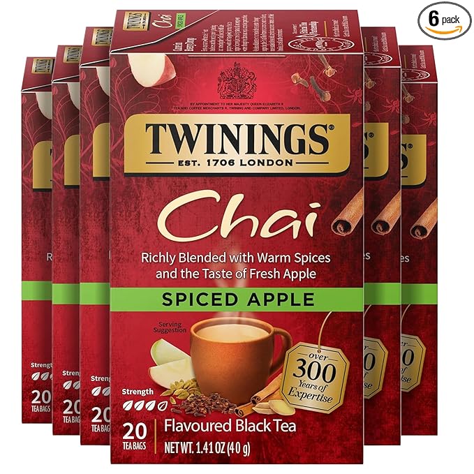 Twinings Spiced Apple Chai Black Tea Individually Wrapped Bags, 20 Count (Pack of 6), Sweet, Savoury Spices, Caffeinated, Enjoy Hot or Iced, 120 Teabags
