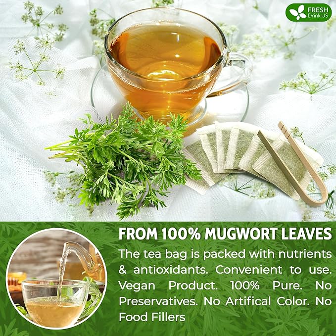 FreshDrinkUS, Premium 90 Mugwort Leaf Tea Bags, 100% Natural and Pure Mugwort Leaves. No Sugar, No Caffeine, No Gluten, Vegan.