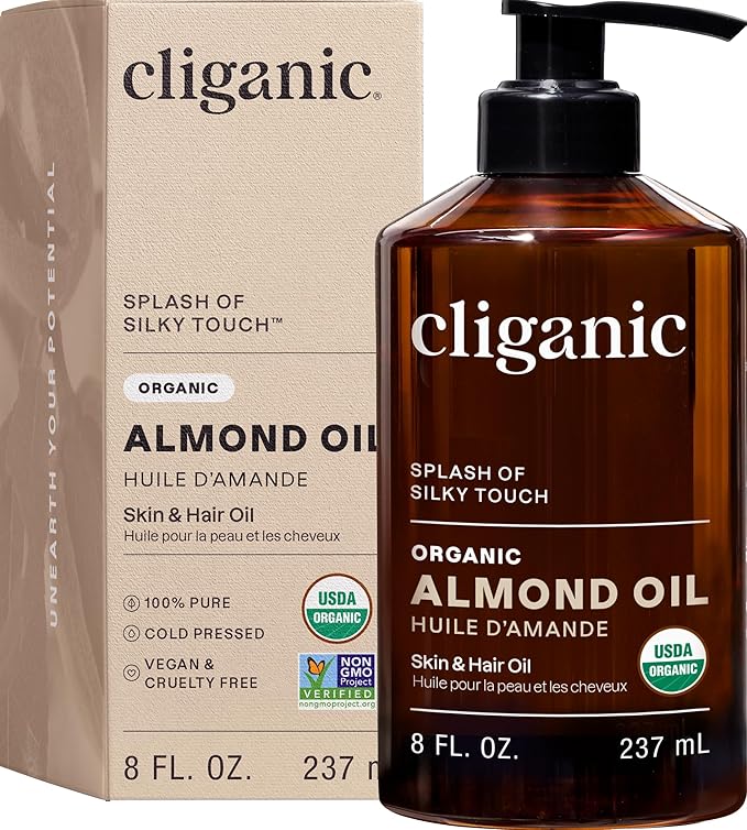 Cliganic Organic Sweet Almond Oil, 100% Pure (8oz) - for Skin & Hair, Nourishing Carrier Oil for Face & Body