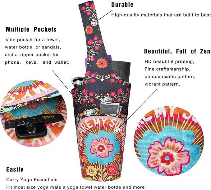Fashion Printed Yoga Mat Bag with Large Side Pocket & Zipper Pocket Long Tote Yoga Bag Fit Most Size Mats - Holds More Yoga Accessories