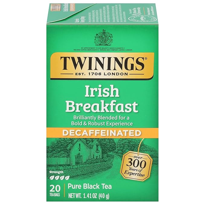 Twinings Decaffeinated Irish Breakfast Black Tea Individually Wrapped Bags, 20 Count (Pack of 1), Flavourful, Robust, Enjoy Hot or Iced, 20 Teabags