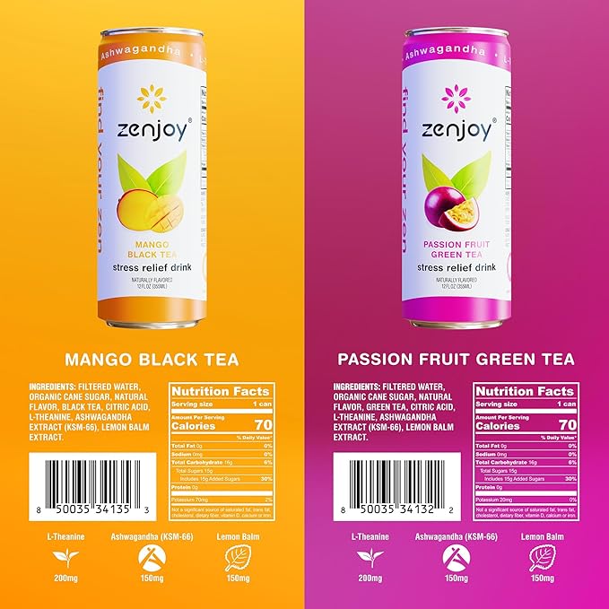 Zenjoy Stress Relief Drink, Calming Green Tea & Black Tea, Non Alcoholic, Ashwagandha & Lemon Balm for Stress Relief, L - Theanine (Variety) (12 Pack)
