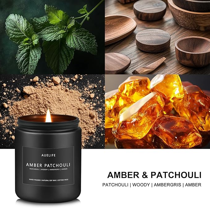 Amber & Patchouli Candle | Candles for Men - Scented Candles for Home, Gifts for Men - Soy Candle for Home Scented, Aromatherapy Manly Gift - 7oz Black Jar