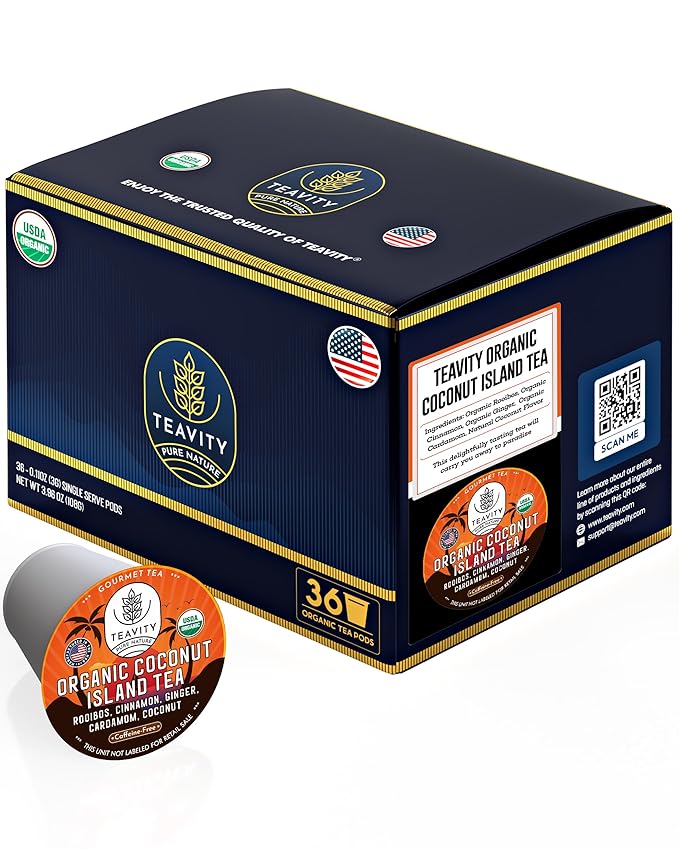 TEAVITY Organic Coconut Island Tea Pods | Recyclable Single-Serve Tea Pods Compatible with Keurig K-Cup 2.0 Brewers | Certified USDA Organic | 36 Count (Pack of 1)