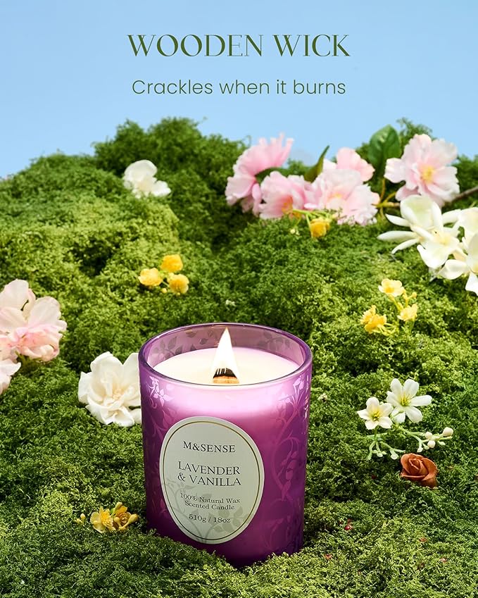 M&SENSE Lavender Vanilla Scented Candle, Cracking Wooden Wick Soy Wax, 18oz 100 Hours Long Lasting Clean Burn, Large Jar Candles for Home Decor, Non-Toxic Relaxing Aromatherapy Gifts for Women