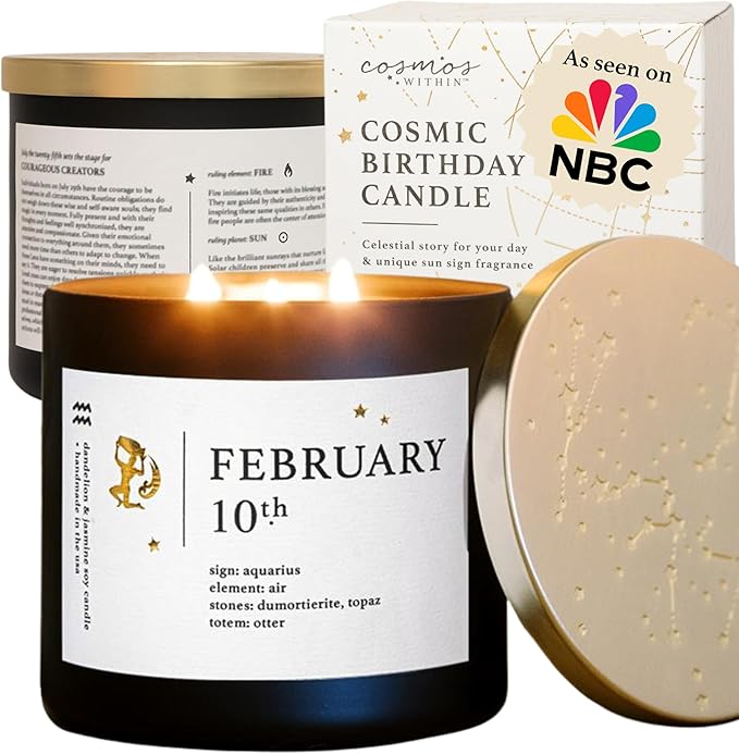 February 10th Personalized Zodiac Candle | Inspirational Astrology Reading and Daily Affirmation for Your Birthdate | Handmade Aquarius Candles | Astrology Birthday Gifts for Women