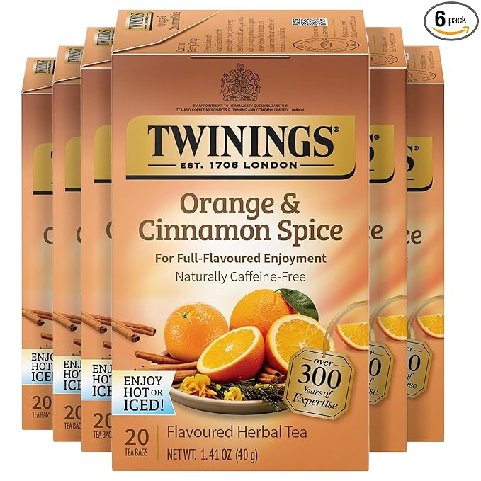 Twinings Orange & Cinnamon Spice Herbal Tea Individually Wrapped Bags, 20 Count (Pack of 6), Naturally Caffeine-Free, Enjoy Hot or Iced, 120 Teabags