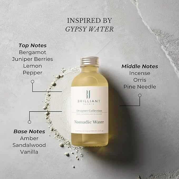 Brilliant Scents Nomadic Water Fragrance Oil 500ml - Premium Diffuser Oil for Home, Office, Hotels - Long Lasting, Plant-Based, Meets IFRA Standards, USA-Made - Lemon, Incense, Sandalwood