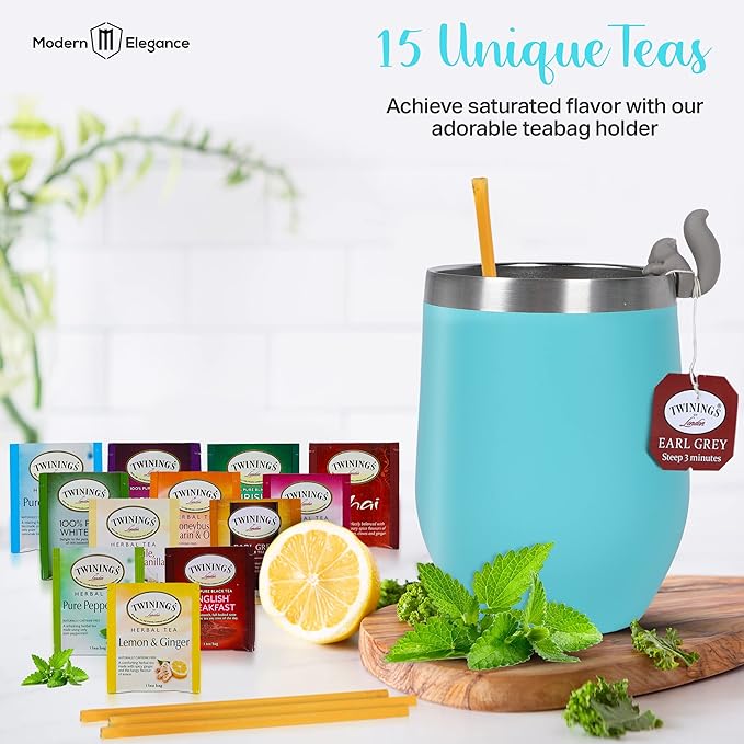 Modern Elegance Tea Tumbler Gift Set – Includes Tea Bag Holder, Spoon, Honey Straw, 15 Assorted Flavor Blends & Hot & Cold 12oz Insulated Tumbler – Ideal for Holiday Gift for Tea Lovers – Teal