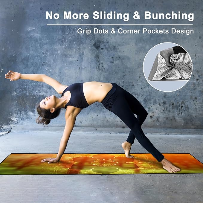 Colorful Star Yoga Towel with Corner Pockets, Non Slip Grip Dots Sweat Absorbent Hot Yoga Mat Towels, Yoga Blankets with Travel Bag, Mat Cover for Workout, Gym, Fitness - 70"x26", Geometric Flower