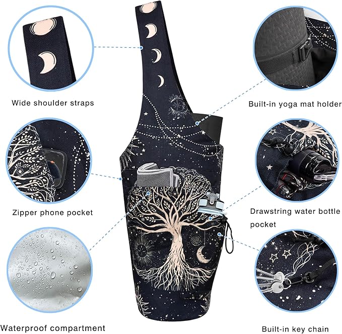 Yoga Mat Bag - Large Opening Long Tote Yoga Mat Carrier Holder Bag with Waterproof Wet Zipper Pocket and Drawstring Water Bottle Pocket - Yoga Bag Fit Most Size Mats