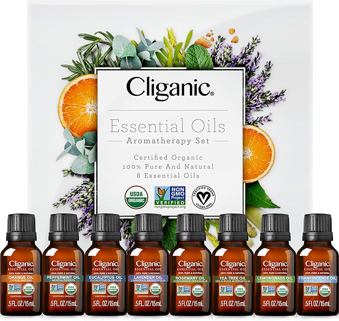 Cliganic Organic Aromatherapy Essential Oils Gift Set (Top 8), 100% Pure - Peppermint, Lavender, Eucalyptus, Tea Tree, Lemongrass, Rosemary, Frankincense & Orange