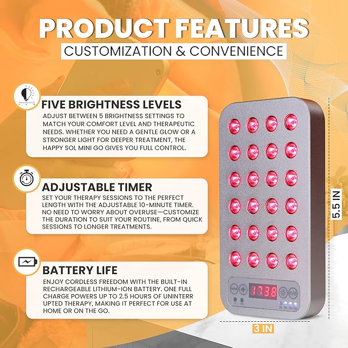 The Mini Go Handheld Red Light Therapy Device, 24 LEDs, 5 Brightness Levels, Adjustable Frequencies, Rechargeable Battery, Red and Infrared Light Therapy, On The Go Light Therapy, Gray