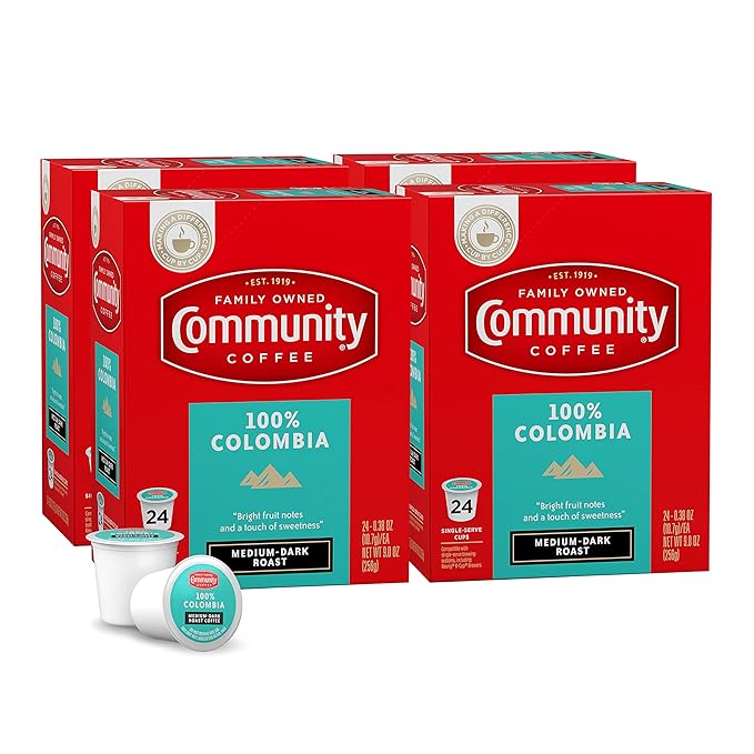 Community Coffee 100% Colombia 96 Count Coffee Pods, Medium Dark Roast, Compatible with Keurig 2.0 K-Cup Brewers, 24 Count (Pack of 4)