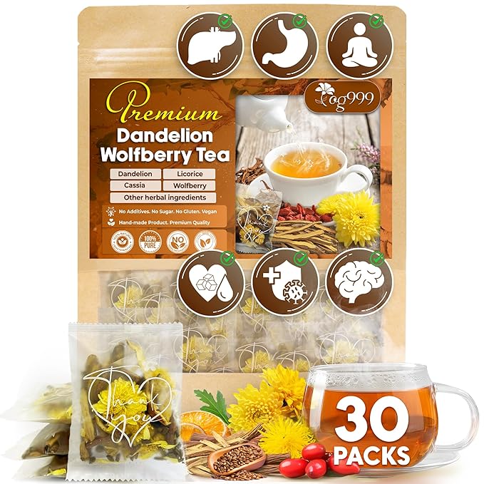 TOG999, Organic Dandelion Wolfberry Tea, 9 Herbal Ingredients, Traditional Recipe Tea for Kidney & Liver, Natural Dandelion, Wolfberry, Gardenia, Cassia Seed, Chrysanthemum, Licorice, Orange Peel (30 Bags)
