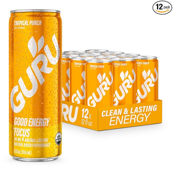 GURU Tropical Punch Organic Energy Drinks, Clean Energy Drink with Plant Based Natural Caffeine from Green Tea + Focus with L Theanine, Gluten Free, 140MG Caffeine, Healthy Drinks, 12oz (Pack of 12)