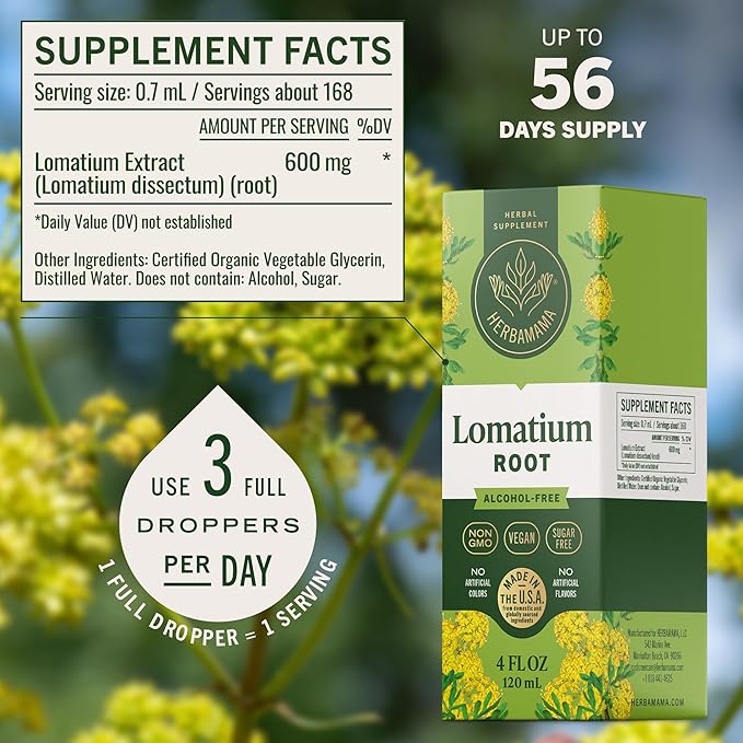 HERBAMAMA Lomatium Root Tincture - Vegan Lomatium Dissectum Extract for Lung Cleanse & Detox - Non-GMO, Alcohol & Sugar-Free Respiratory Lung Support Supplement, 56-Day Supply
