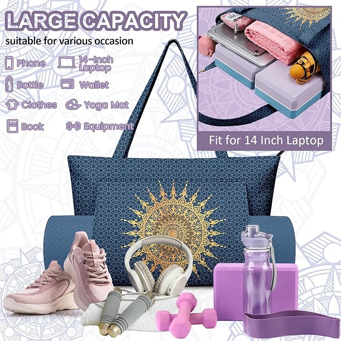Adalore Women's Yoga Bag with Yoga Mat Carrier - Large Mat Pocket Fitness Tote for Pilates, Gym, Travel, Office & Beach