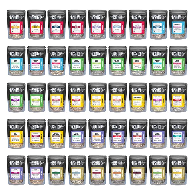 Tiesta Tea - Tiesta Tastings Sampler Dry Flight Set, Loose Leaf, High to No Caffeine, Makes Hot and Iced, Assorted Tea Sets with Herbal, Chai, Fruit Blend & More, 45 Resealable Sample Pouches