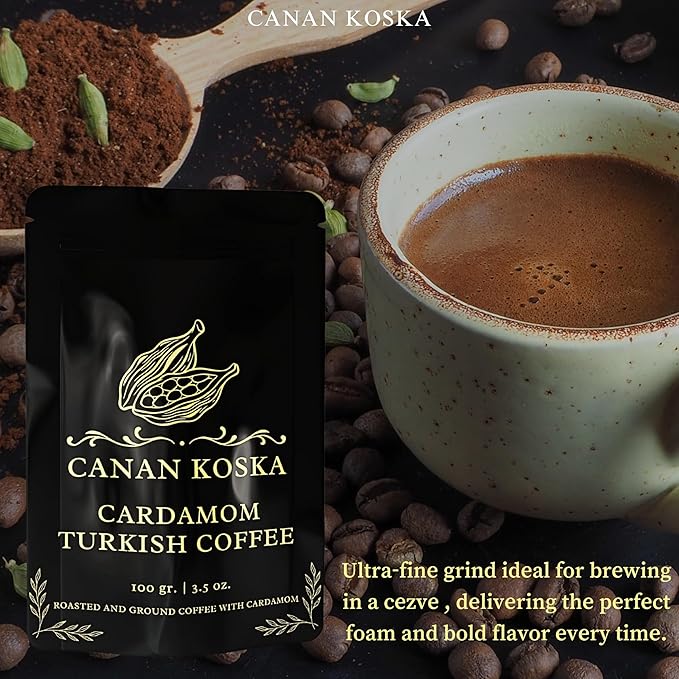 Canan Koska Cardamom Turkish Coffee - Premium Ground Coffee With Natural Cardamom Grounds, Medium Roast, Traditional Ottoman Recipe - 3.5oz (100g) - Pack Of 3