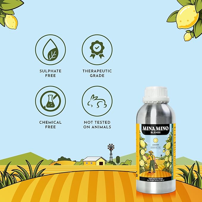 16 fl oz - Lemon Essential Oil (100% Pure & Natural) Large Aluminum Bottle for Aromatherapy, Diffuser, Candle & Soap Making - Minamino Blends