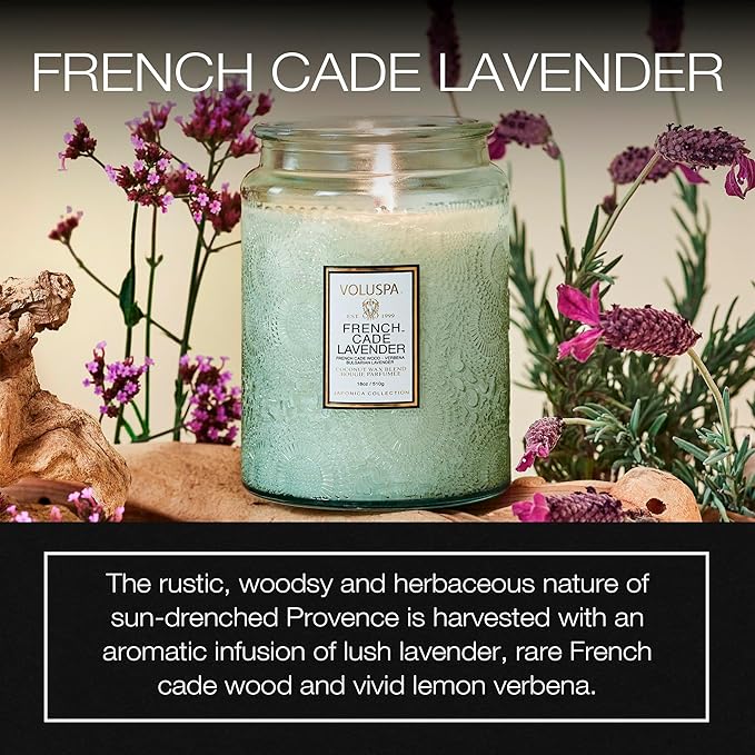 Voluspa French Cade Lavender Candle, 18 oz, Coconut Wax Blend, Scented Candles for Home, 100 Hour Burn Time, Candle Jars