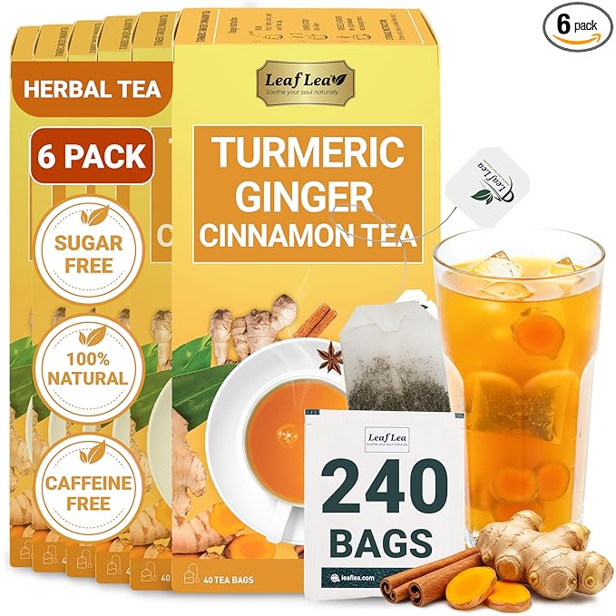 LeafLea 240 Turmeric Ginger Tea Bags, 100% Natural Herbal Blend with Cinnamon, Supports Digestion and Immune Health, Warm and Spicy Flavor, Sugar-Free, Caffeine-Free, Non-GMO, Pack of 6