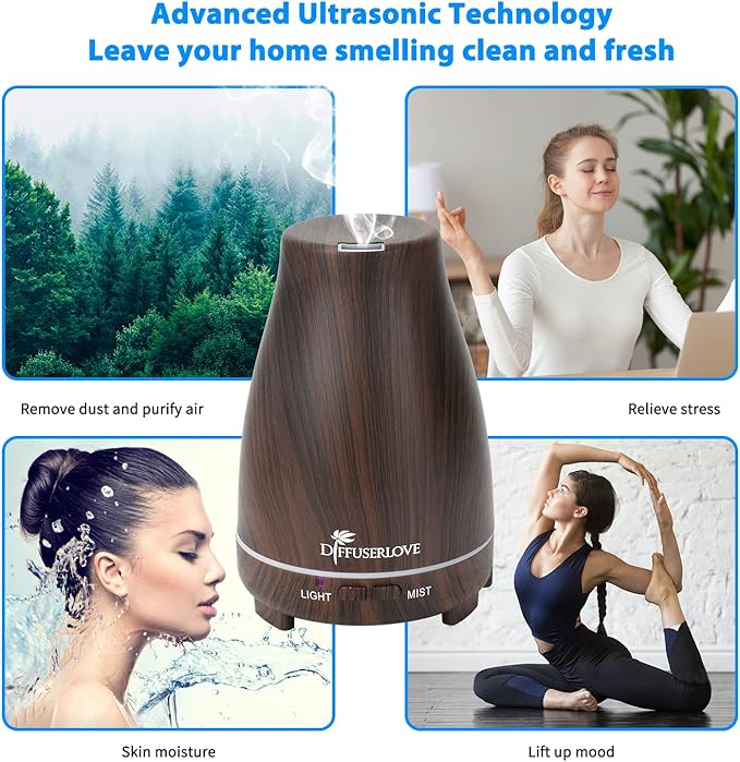 Diffuserlove Essential Oil Diffusers 200ML, Remote Control Aromatherapy Diffuser with 7 Color Lights, Auto Shut-Off for Bedroom Office Kitchen (Black Wood Grain)