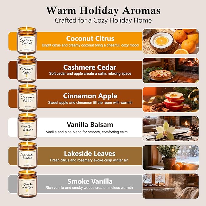 Holiday Candle Gift Set for Women – 6 Pack 7oz Winter Scented Soy Candles, Long Lasting Aromatherapy Christmas Gifts for Her, Perfect for Home Décor, Vanilla, Cinnamon & Cedar Scents