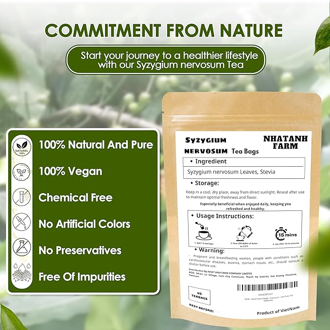 NHAT ANH FARM - Premium Syzygium Nervosum Tea Bags, 100 Syzygium Nervosum Tea Bags, 100% Natural Dried Syzygium Nervosum Leaves, Naturally Sweet Herbal Tea, Sugar-Free, Caffeine-Free, No Additives.