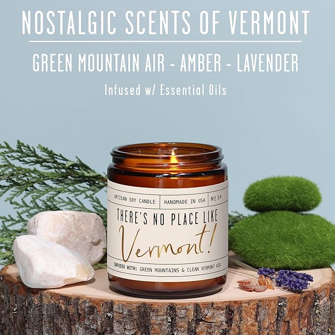 Vermont Gifts, Vermont Decor for Home - 'There's No Place Like Vermont Candle, w/Green Mountain Air, Amber & Lavender I Vermont Souvenirs I Vermont State Gifts I 9oz Jar, 50Hr Burn, USA Made