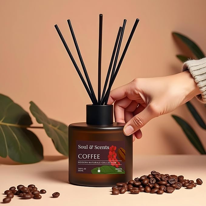 Soul & Scents Reed Diffuser Set – Coffee | 7.43 oz Refillable Scented Oil with 6 Fiber Sticks | Long-Lasting Home Fragrance & Air Freshener for Bedroom, Bathroom, Office | Gift & Décor Piece