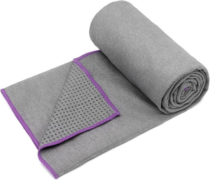 Eunzel Hot Yoga Towel - Microfiber Non Slip Yoga Mat Towel with Grip Dot Sweat Absorbent Towel for Hot Yoga, Pilates and Fitness 72" x 24", Dark Grey/Purple