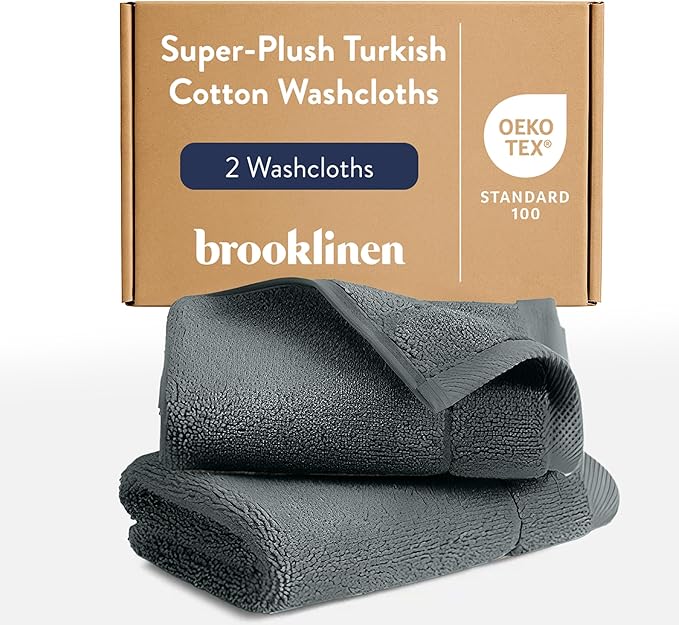Brooklinen Super-Plush Turkish Cotton Washcloths - Set of 2 - Cotton, 820 GSM, Highly Absorbent, Machine Washable, Perfect for Home & Bathroom (13" x 13", Slate Grey)