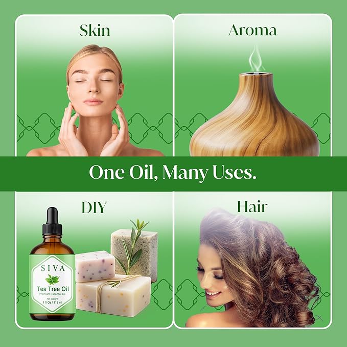 Siva Tea Tree Essential Oil - 4 Fl Oz – 100% Natural Tea Tree Oil - for Diffuser, Face, Skin Care, Aromatherapy, Hair Care, Scalp and Body Massage - with Dropper